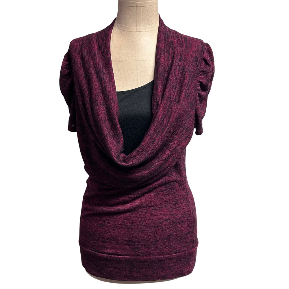 Papaya Womens Large Cowl Neck Layered Knit Top Short Puff Sleeve Burgundy Black